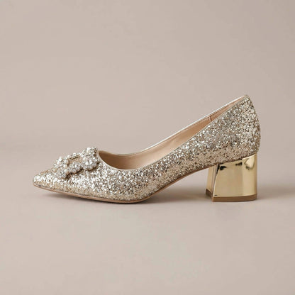 Rhinestone Wedding Shoes – Glitter Block Heel Pumps with Crystal Bow Buckle for Weddings and Parties