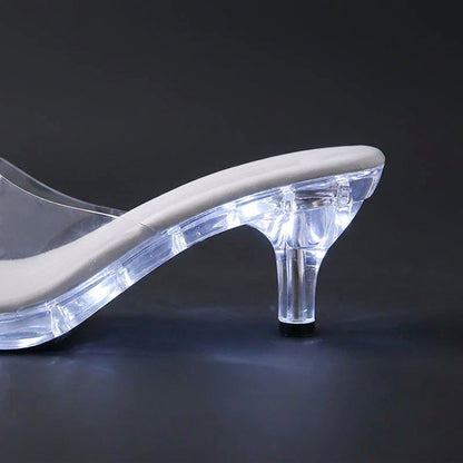 Crystal Clear Women's LED Kitten Heel Sandals – Light-Up Transparent Slide Heels for Nightclubs & Parties