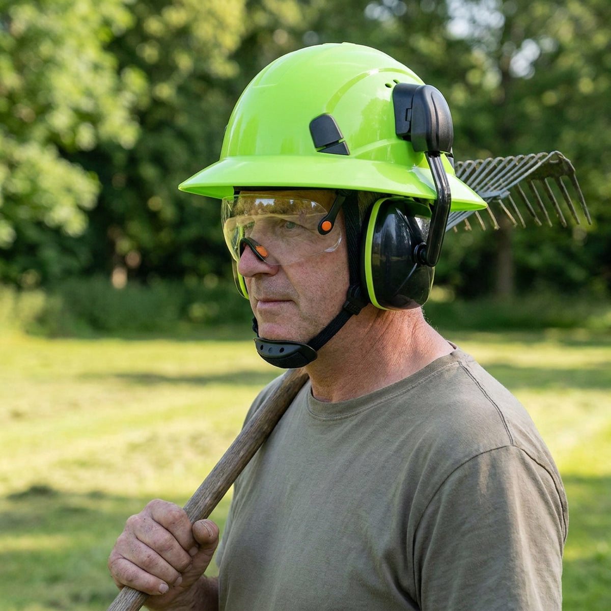 Full Brim Hard Hat with Built-In Eye Shield & Earmuffs – Vented HDPE Safety Helmet, ANSI Z89.1 Type I Class C
