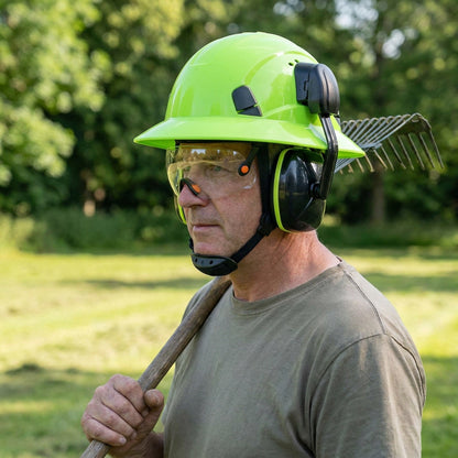 Full Brim Hard Hat with Built-In Eye Shield & Earmuffs – Vented HDPE Safety Helmet, ANSI Z89.1 Type I Class C