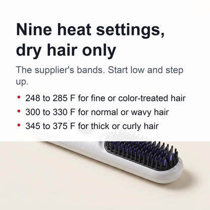 Cordless Heated Straightening Brush – Rechargeable, Nine Heat Settings, Travel Size