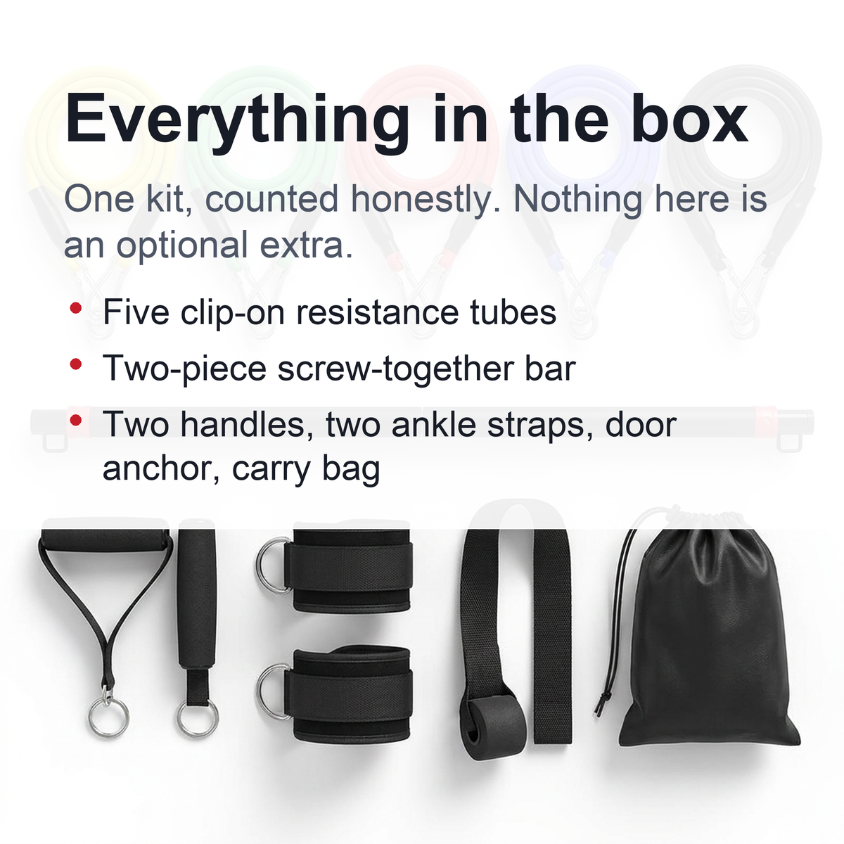 Stackable Resistance Band Bar Set - 5 Clip-On Bands, Two-Piece Bar, Handles, Ankle Straps & Door Anchor