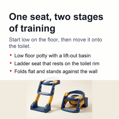 2-in-1 Toddler Toilet Ladder Seat and Floor Potty – Folding, with Removable Basin