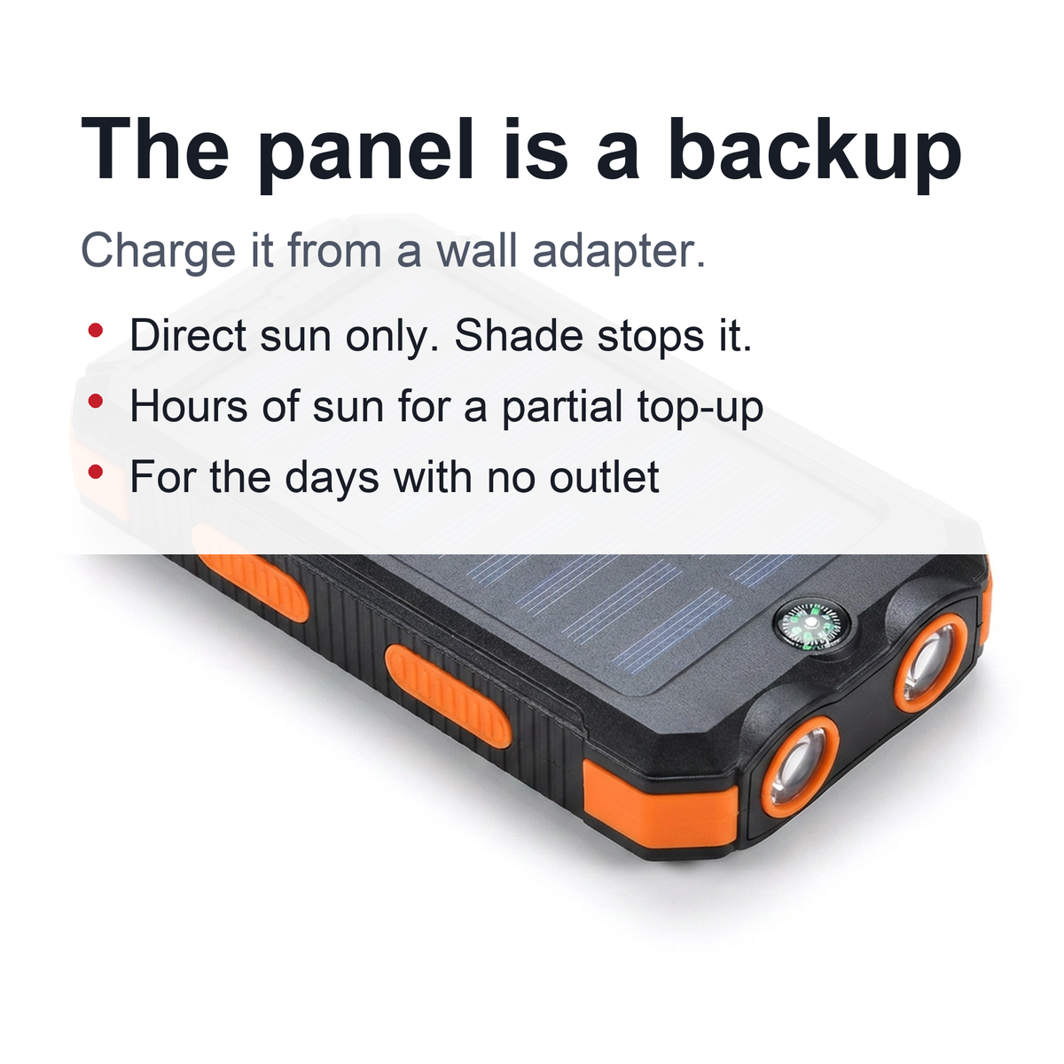 Solar Power Bank with Dual LED Light and Carabiner - USB-Charged Pocket Battery, Solar Panel for Emergency Top-Ups