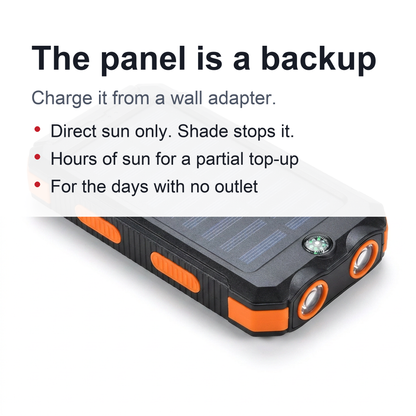Solar Power Bank with Dual LED Light and Carabiner - USB-Charged Pocket Battery, Solar Panel for Emergency Top-Ups