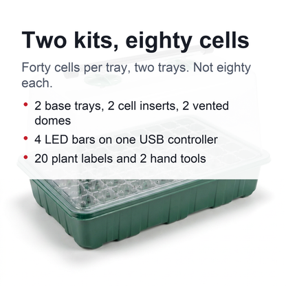Seed Starter Trays with LED Grow Lights – 2 Trays, 40 Cells Each (80 Cells Total), High Dome Germination Kit for Winter Seedlings & Indoor Growing