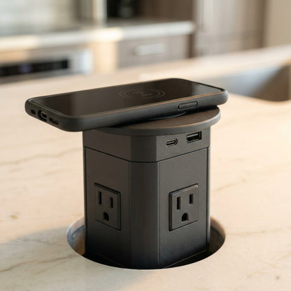 Automatic Pop-Up Desk Socket Tower – Hidden Power Hub with USB-C, Wireless Charging & Global Plug Support