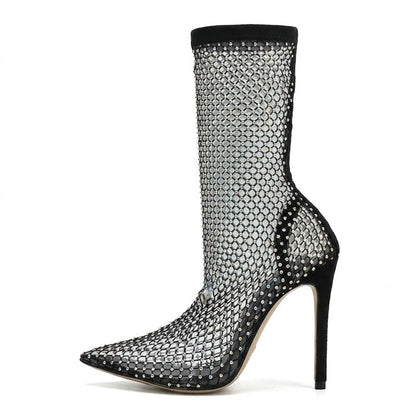 Rhinestone Fishnet Sock Heels – Black Mesh Pointed-Toe Stiletto Boots