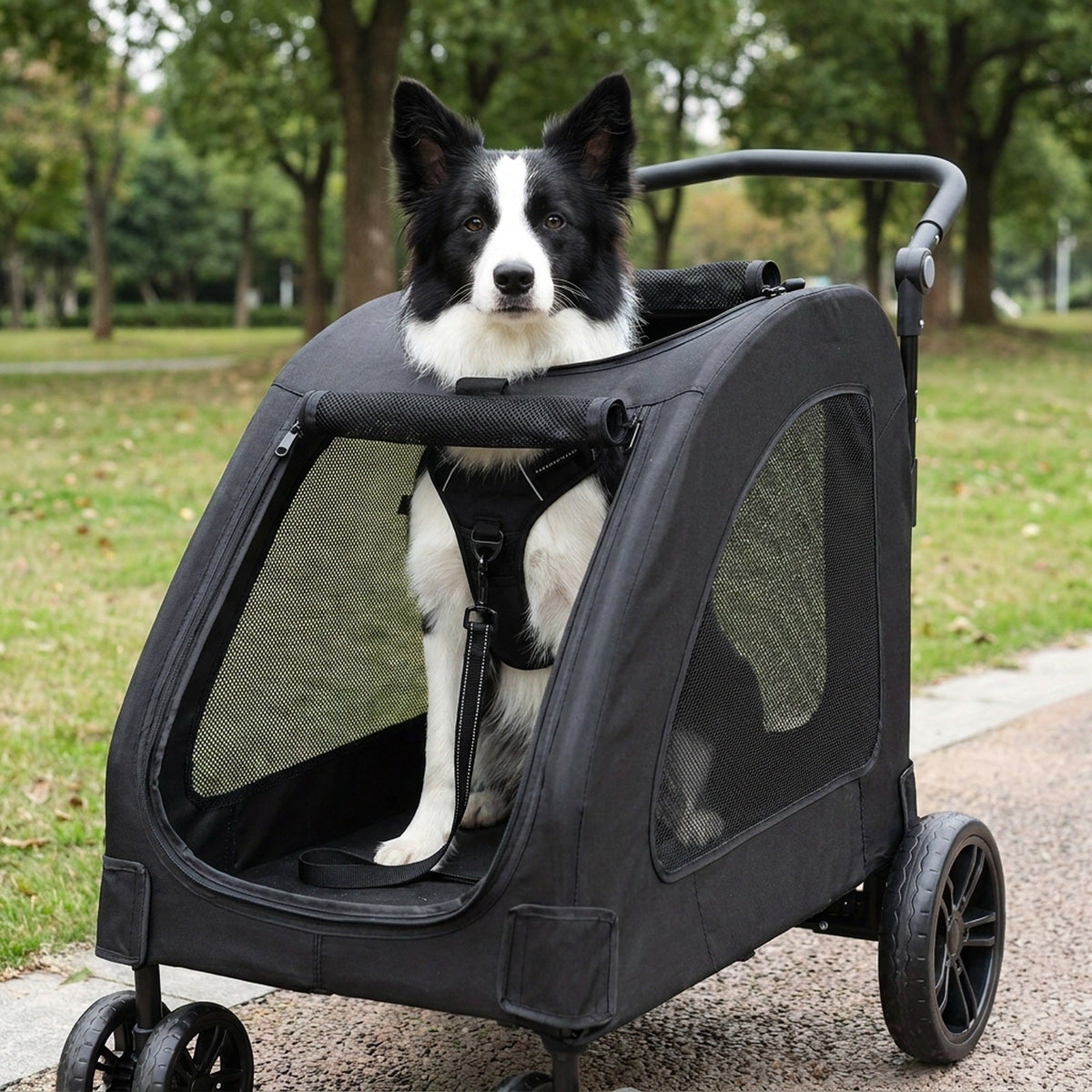 Spacious Heavy-Duty Pet Stroller – 120lb Capacity Dog & Cat Travel Stroller with 360° Wheels, Mesh Panels & One-Step Folding Design for Outdoor Adventures