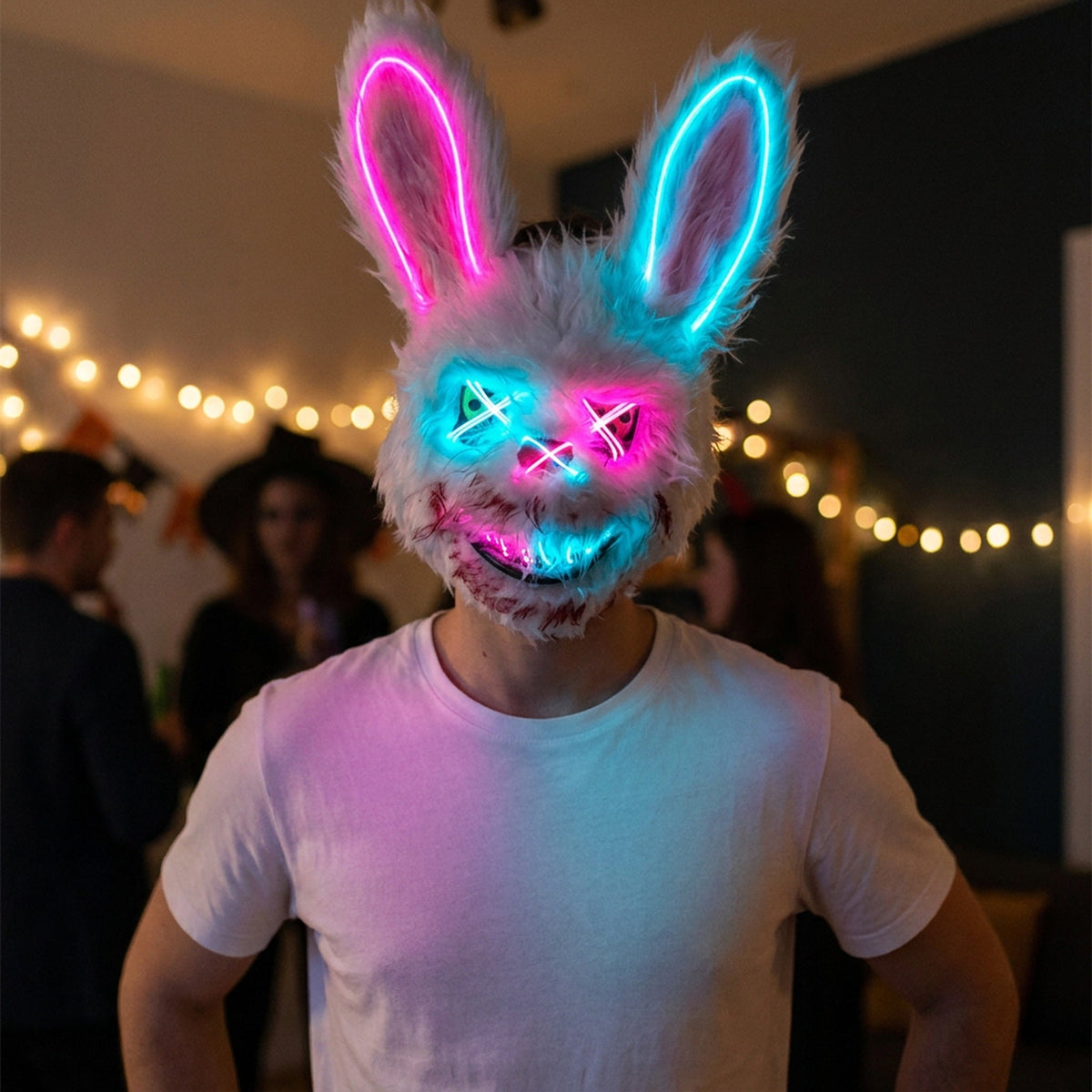 Halloween Bloody Bear Killer Mask – LED Light-Up Flashing Neon Horror Mask for Scary Cosplay, Costume Parties, and Haunted House Decoration
