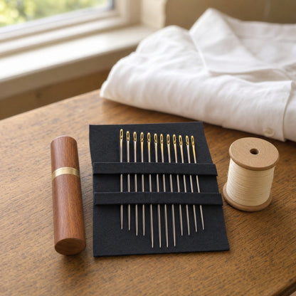 Self-Threading Needles - 12 Slit-Eye Hand Sewing Needles, Gold-Eye or Silver, Optional Wooden Case