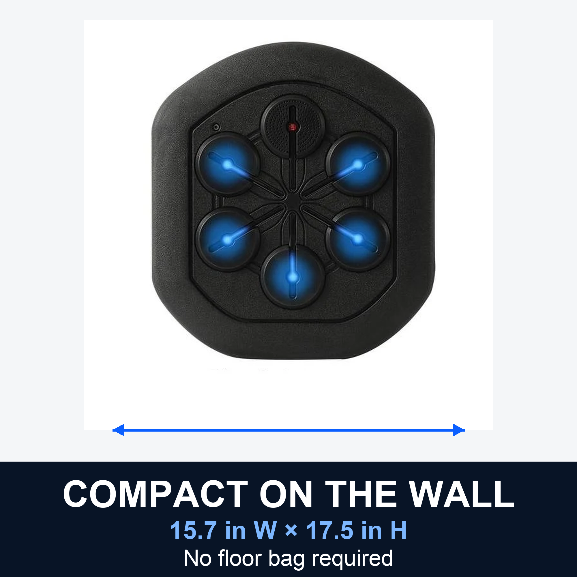 Compact wall-mounted music boxing trainer measuring 15.7 inches wide by 17.5 inches high