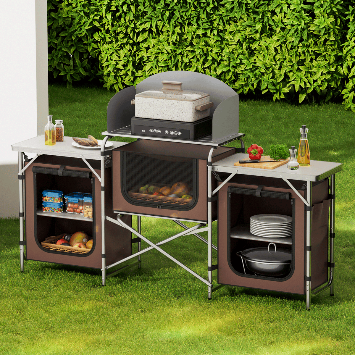 Portable Folding Camping Table – Outdoor Kitchen Grill Table with Storage Organizer, Windscreen & Carry Bag