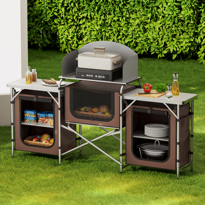 Portable Folding Camping Table – Outdoor Kitchen Grill Table with Storage Organizer, Windscreen & Carry Bag