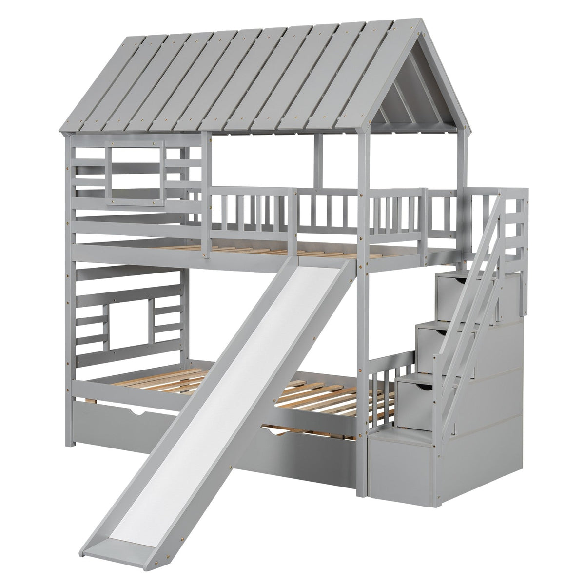 Twin over Twin House Bunk Bed with Roof and Window Design, Trundle, Slide, and Storage Staircase