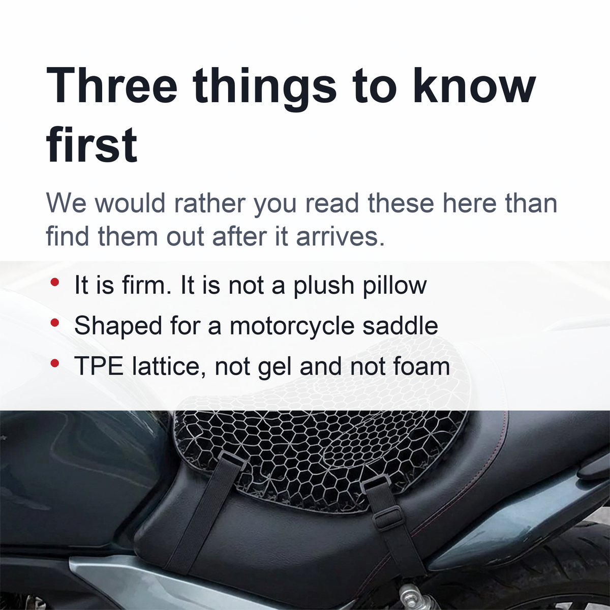 Motorcycle Seat Cushion — 3D TPE Honeycomb Pad with Two Adjustable Straps
