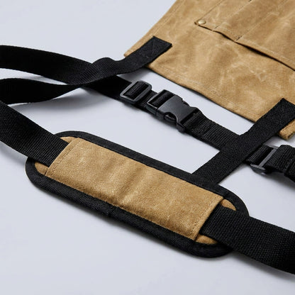 Waxed Canvas Work Apron with Tool Pockets - Heavy Duty Woodworking Shop Apron, Cross-Back Straps