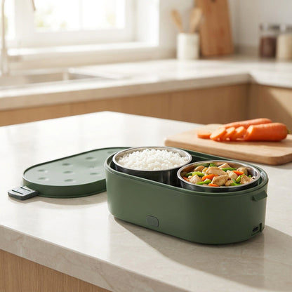 USB Heated Lunch Box – Portable Electric Food Warmer for Car & Office, 2 Stainless Steel Bowls