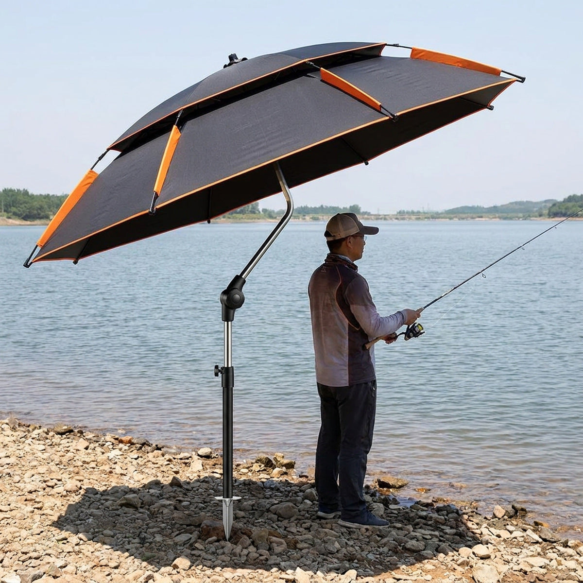 Large Anti-Wind Fishing Umbrella – Double-Deck Vented Canopy, 360° Adjustable UV-Blocking Sunshade with Ground Spike and Carry Bag for Fishing, Camping and Beach Days