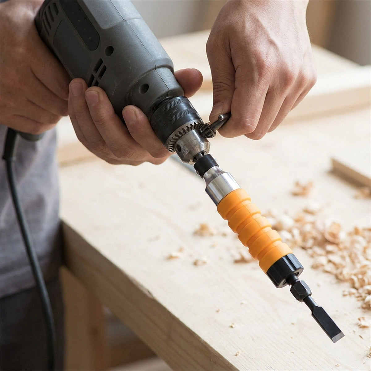 Power Wood Carving Tool – Drill-Powered Chisel Carver with Flexible Shaft, 5 Blades and Wrench (Drill Not Included)