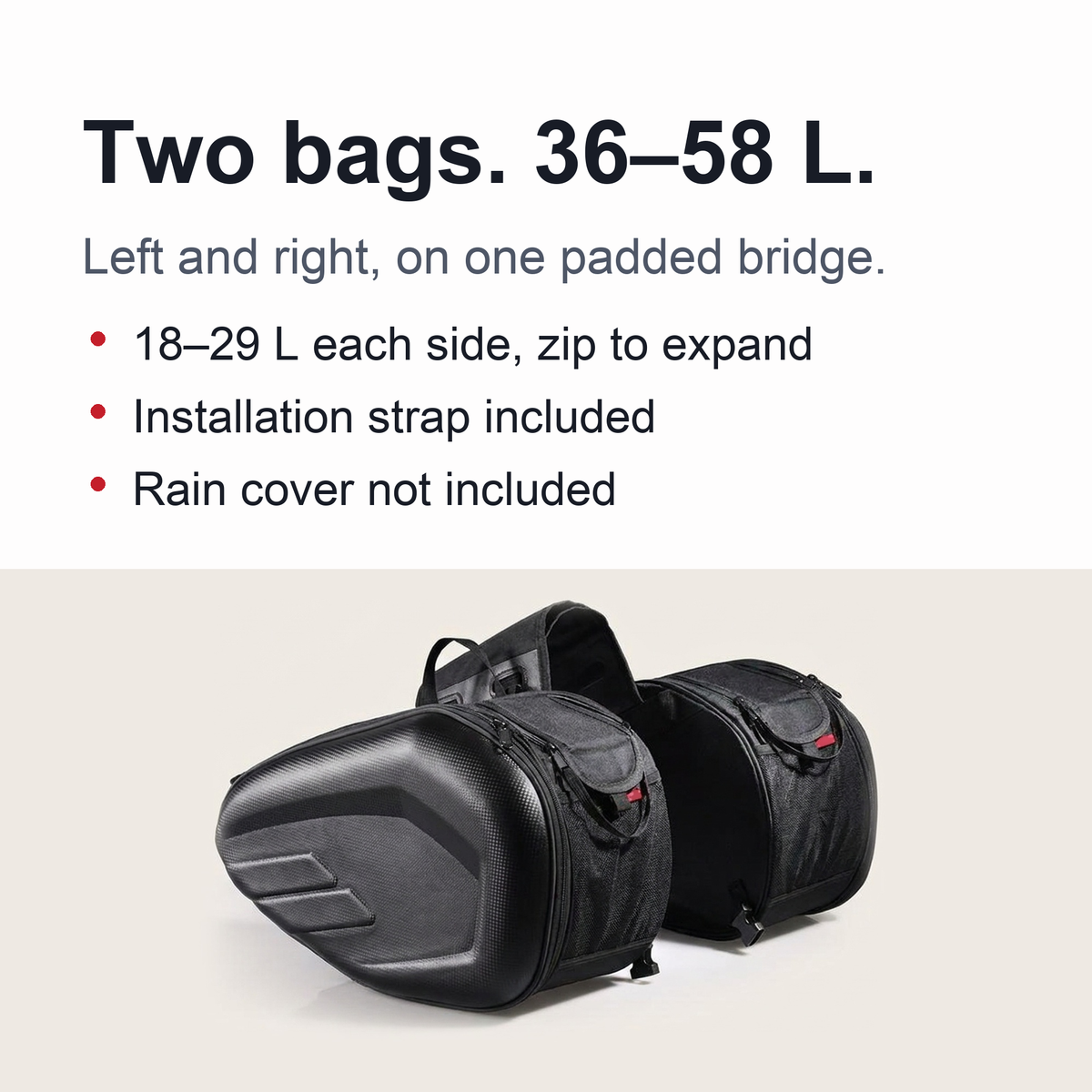 Universal Frameless Motorcycle Saddlebags – Expandable 36–58 L Throw-Over Pair
