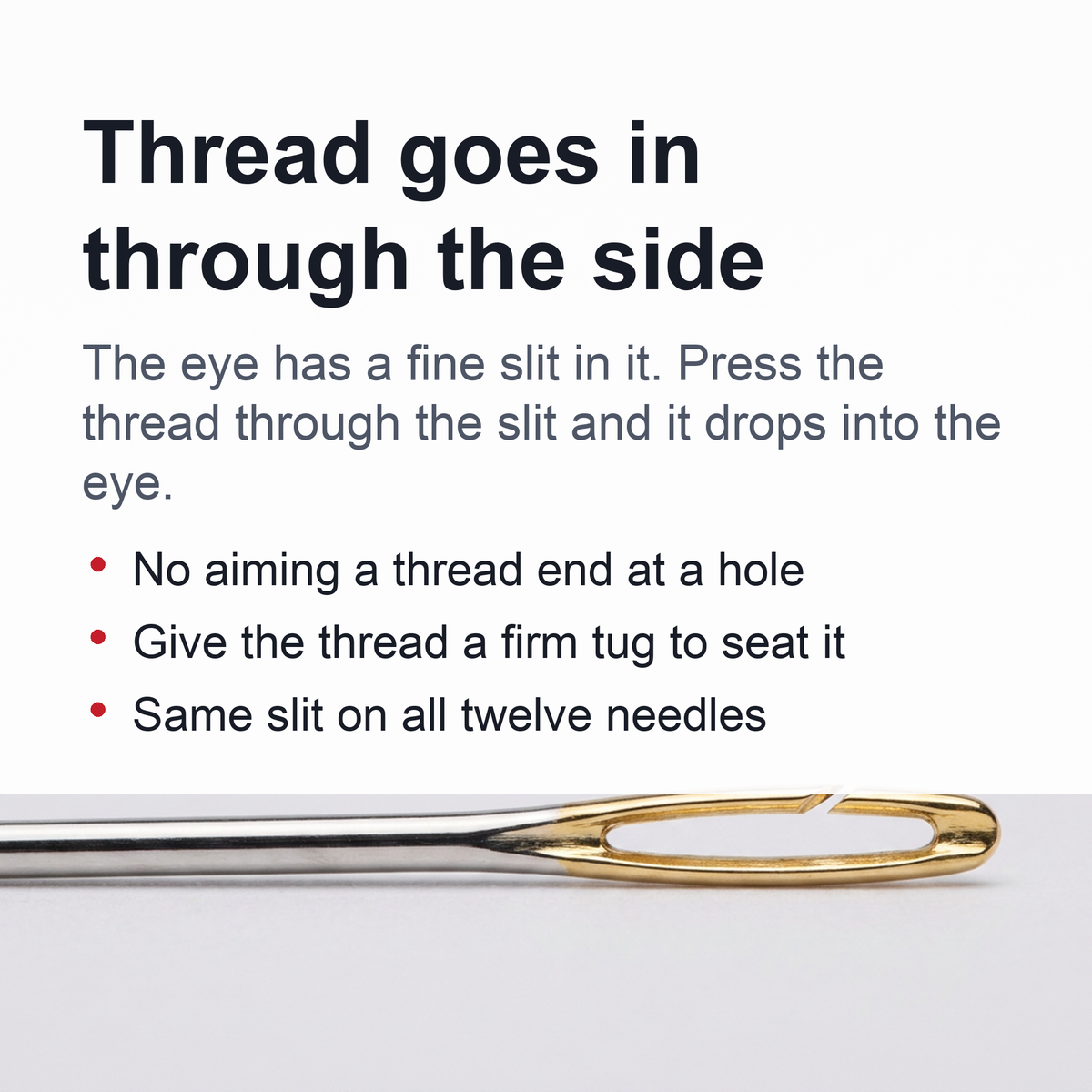 Self-Threading Needles - 12 Slit-Eye Hand Sewing Needles, Gold-Eye or Silver, Optional Wooden Case