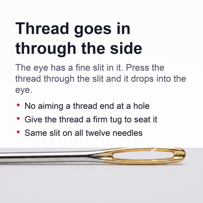Self-Threading Needles - 12 Slit-Eye Hand Sewing Needles, Gold-Eye or Silver, Optional Wooden Case