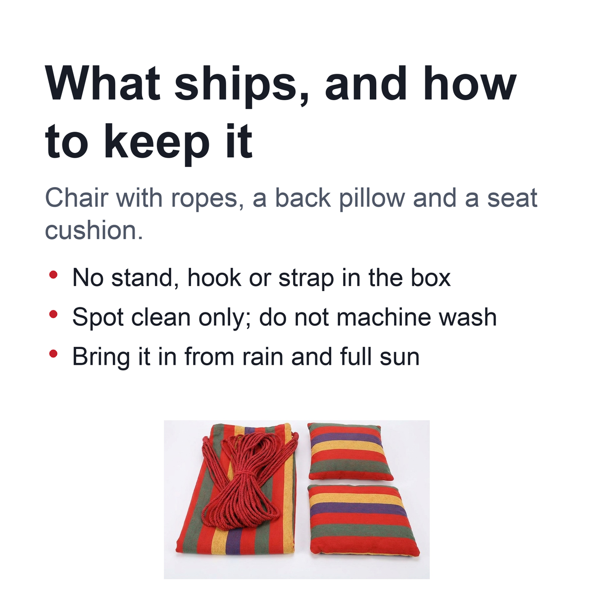 Striped Hammock Chair – Hanging Rope Swing Seat with Cushions for Porch, Patio, Bedroom & Camping