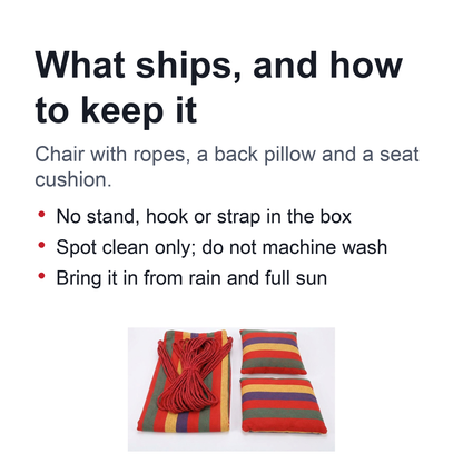 Striped Hammock Chair – Hanging Rope Swing Seat with Cushions for Porch, Patio, Bedroom & Camping
