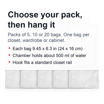 Hanging Desiccant Moisture Absorber Bags – No-Power Damp Traps for Closets, Wardrobes, Cabinets, Basements and Storage