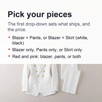 Women's Pant Suit – Double Breasted Business Blazer Set, Gold Buttons – Blazer, Pants or Skirt