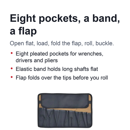 Tool Roll Bag – Roll-Up Oxford Cloth Wrench Organizer, 8 Pockets, Buckle Strap