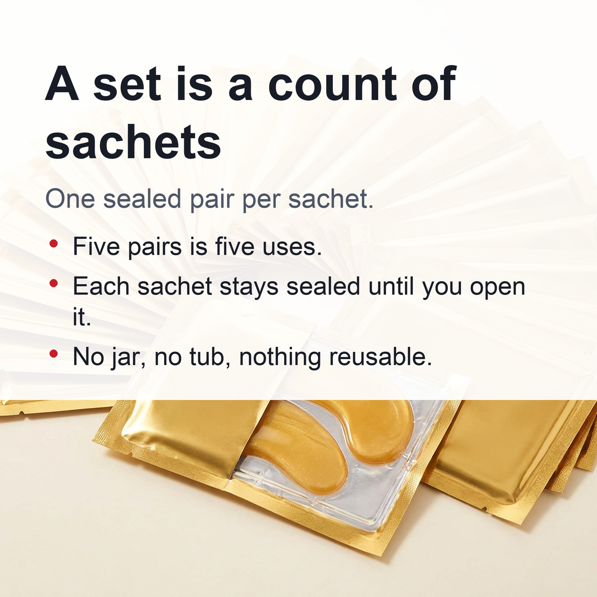 Gold Under-Eye Gel Patches — Cooling Hydrogel Eye Masks in Single-Use Foil Sachets, 20–30 Minute Wear