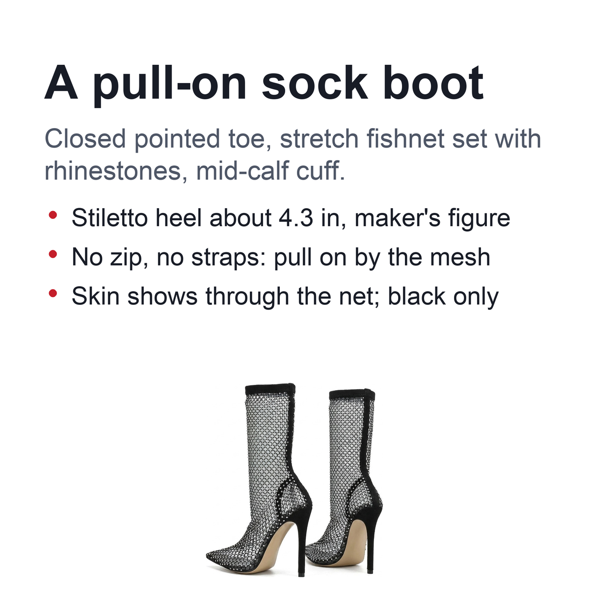 Rhinestone Fishnet Sock Heels – Black Mesh Pointed-Toe Stiletto Boots