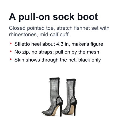 Rhinestone Fishnet Sock Heels – Black Mesh Pointed-Toe Stiletto Boots