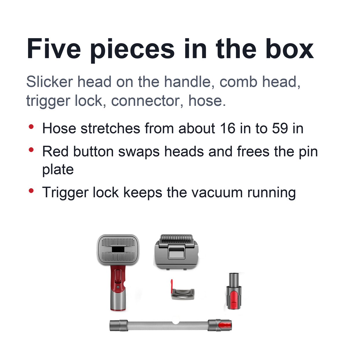 Dog Vacuum Brush Kit – Slicker & Dematting Comb Heads Compatible with Dyson V7 V8 V10 V11 V15, with Trigger Lock and 59 in Extension Hose