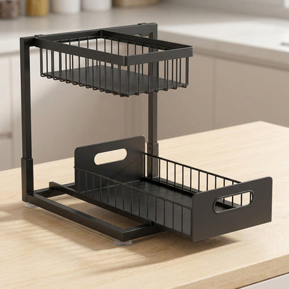Two Tier Pull-Out Under Sink Organizer – Sliding Cabinet Shelf Storage for Kitchen or Bathroom, Space-Saving and Easy Access for Cleaning Supplies