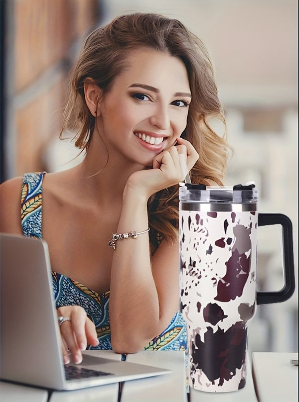Stainless Steel Insulated Cow Print Tumbler – 40oz Travel Mug with Handle and Straw Lid, Heat-Preserving, Perfect Gift for Camping, Sports, and Outdoor Adventures