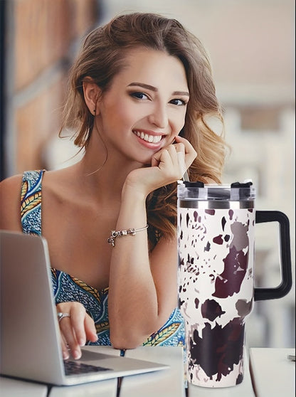 Stainless Steel Insulated Cow Print Tumbler – 40oz Travel Mug with Handle and Straw Lid, Heat-Preserving, Perfect Gift for Camping, Sports, and Outdoor Adventures
