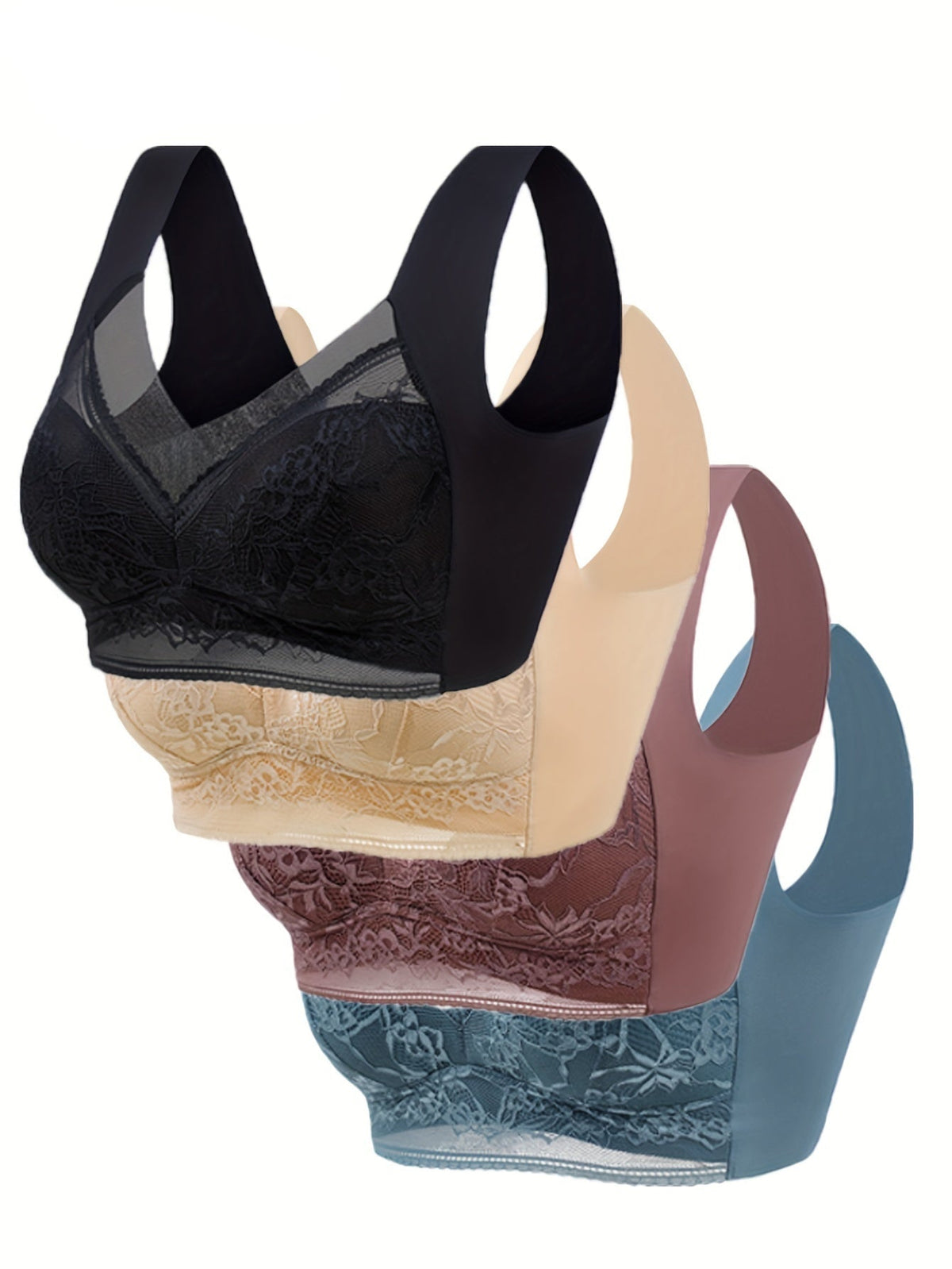 Women's Lace Contrast Underwear Set –4-Piece Wireless, Steel-Free Daily Bra & Panties in Flirty Mixed Colors