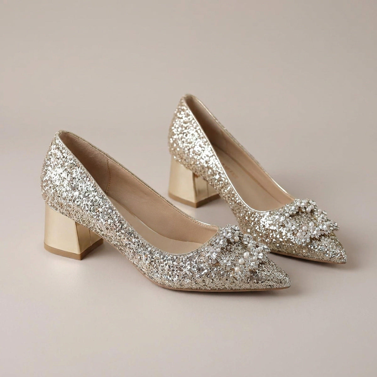 Rhinestone Wedding Shoes – Glitter Block Heel Pumps with Crystal Bow Buckle for Weddings and Parties