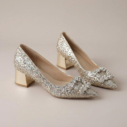 Rhinestone Wedding Shoes – Glitter Block Heel Pumps with Crystal Bow Buckle for Weddings and Parties