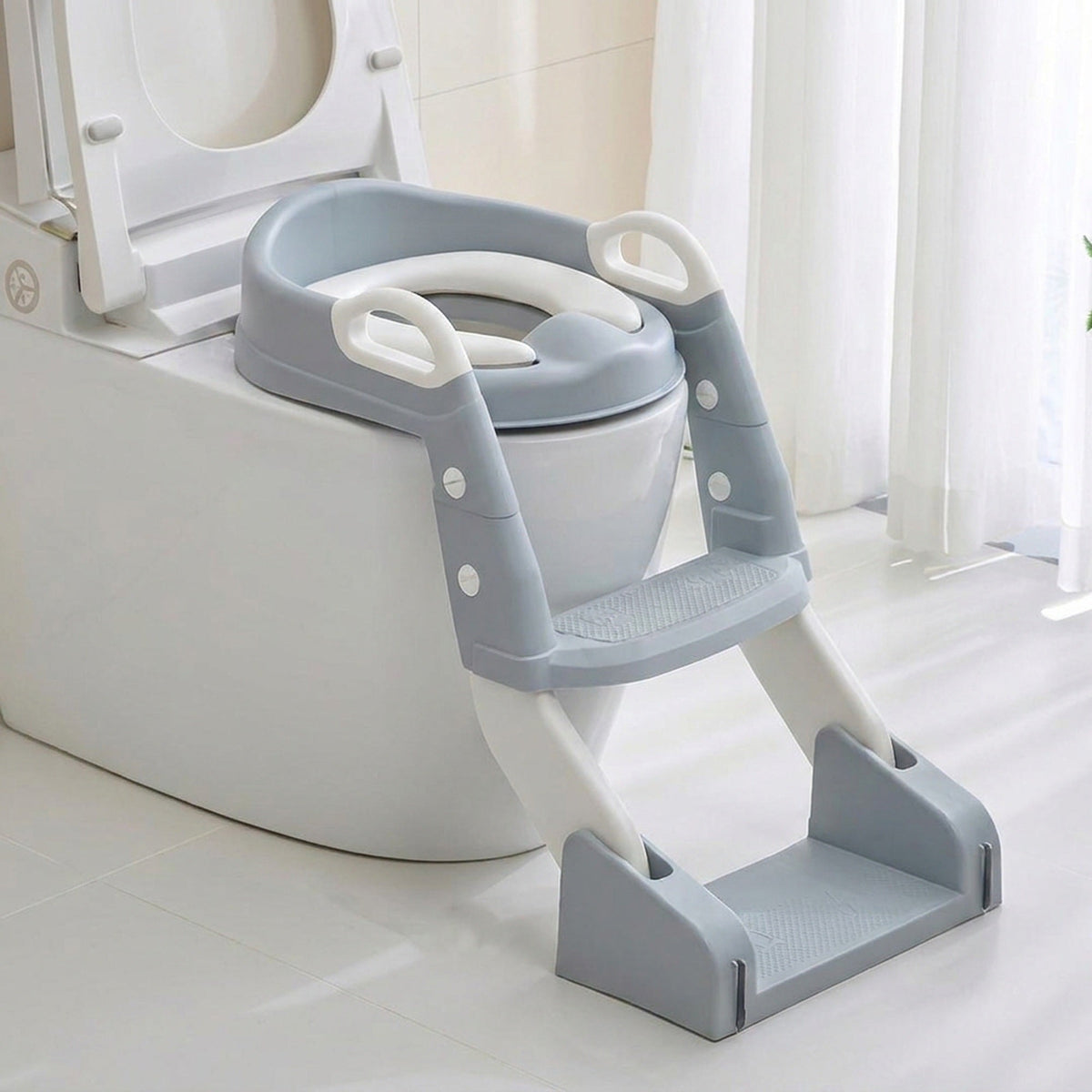 2-in-1 Toddler Toilet Ladder Seat and Floor Potty – Folding, with Removable Basin