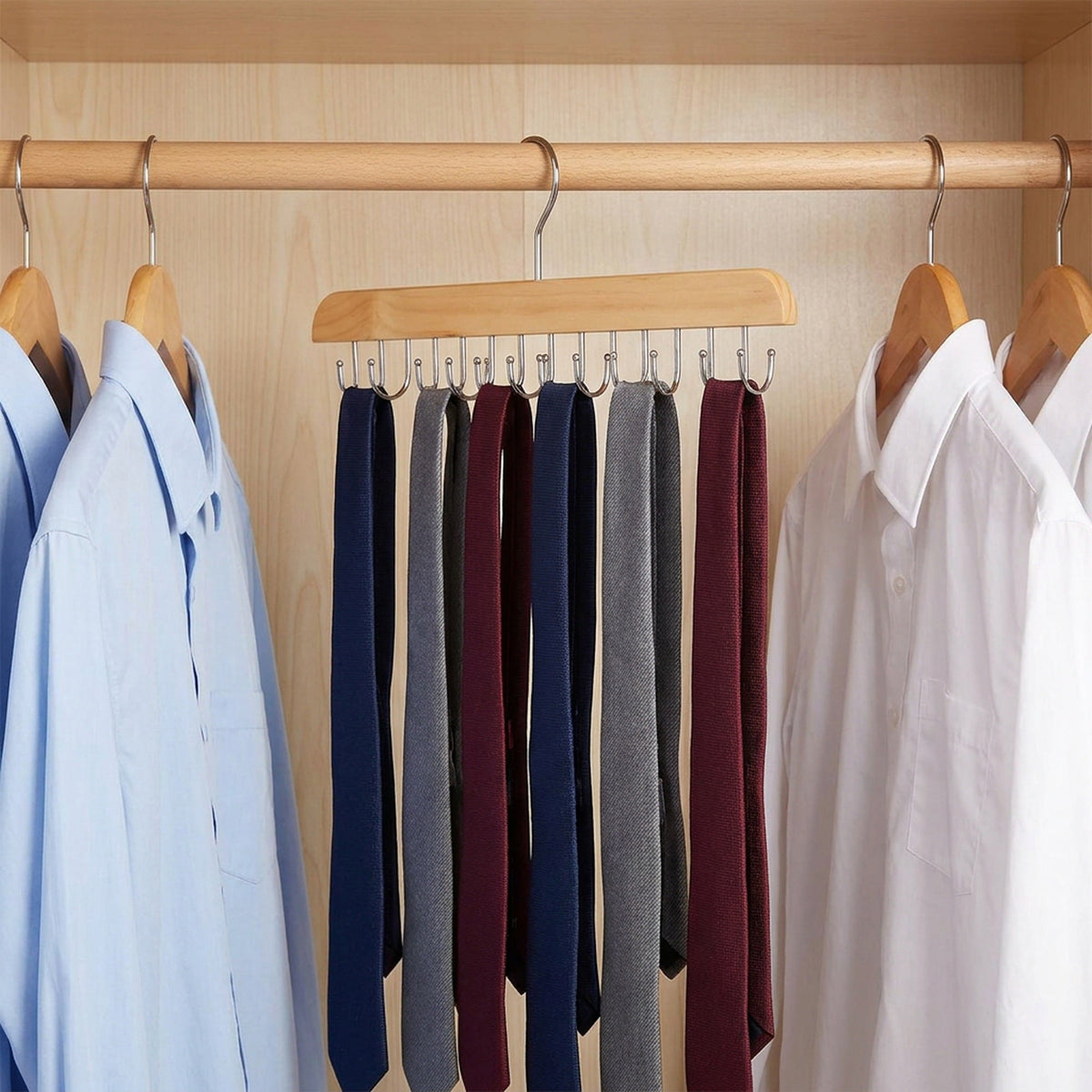 Wooden Tie and Belt Hanger - Closet Bar with 14 or 20 Hooks for Ties, Belts and Scarves
