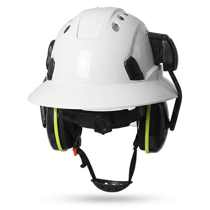 Full Brim Hard Hat with Built-In Eye Shield & Earmuffs – Vented HDPE Safety Helmet, ANSI Z89.1 Type I Class C