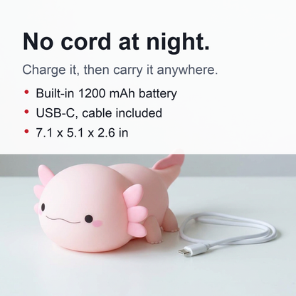 Cute Axolotl Night Lamp – Soft Silicone Touch Lamp, USB Rechargeable for Kids' Nursery