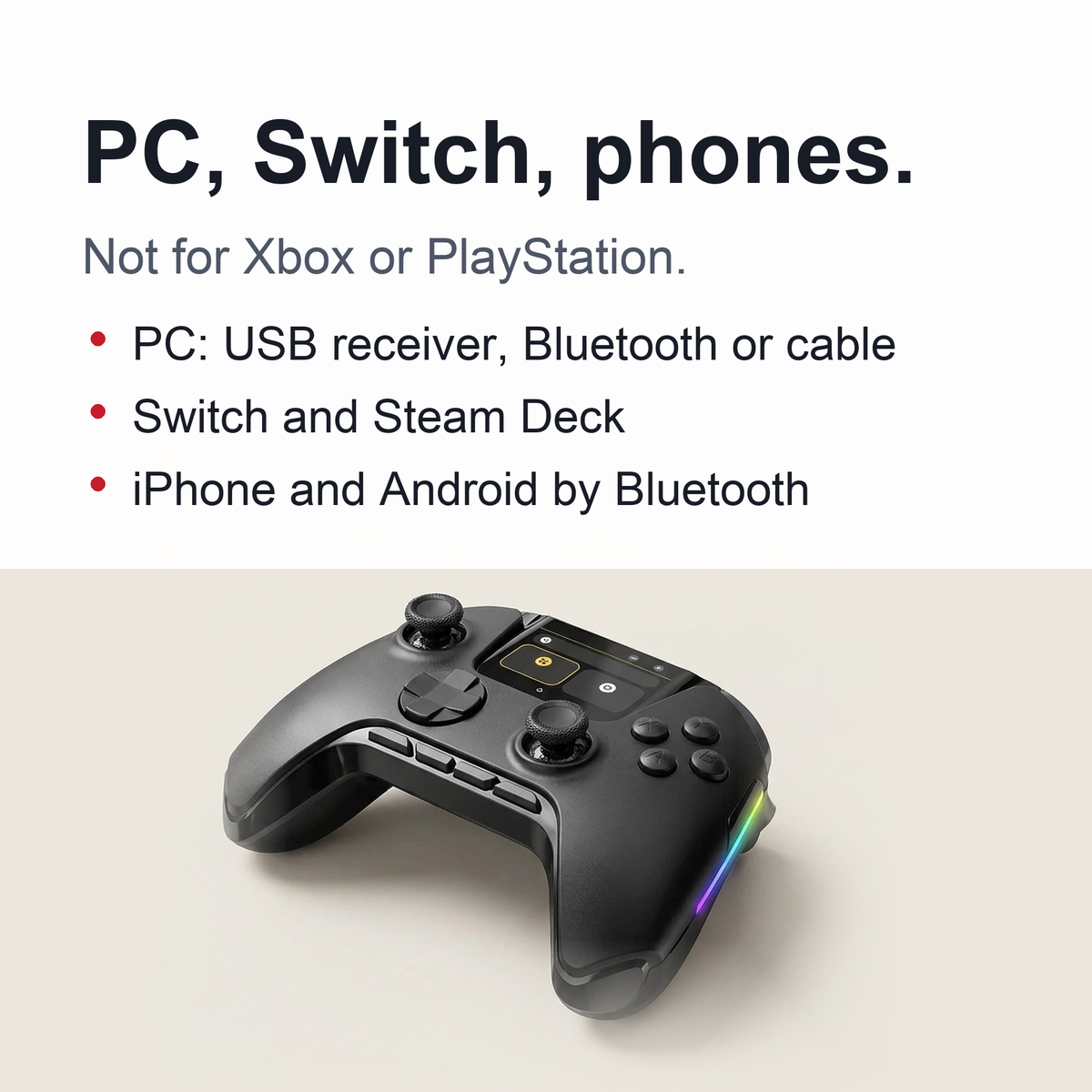 Wireless Gaming Controller V2 with Screen & Charging Dock – Hall Effect Sticks, RGB, for PC, Switch, iOS & Android (Not for Xbox/PS5)