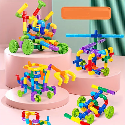 Creative Water Pipe Building Blocks – STEM Educational Tube Toys with Wheels Baseplate for Boys and Girls