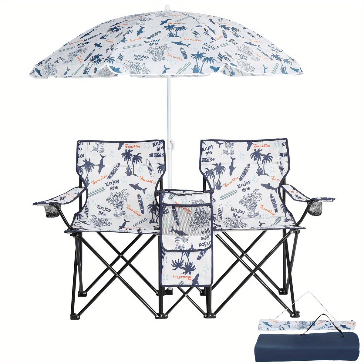 Two Seaters Beach Chair with Umbrella and Side Bag – Portable All-in-One Seat with Sunshade, Ultimate Comfort for Outdoor Adventures, Picnics, and Angler's Relaxation