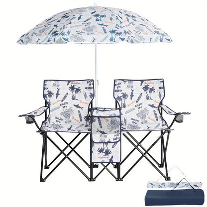 Two Seaters Beach Chair with Umbrella and Side Bag – Portable All-in-One Seat with Sunshade, Ultimate Comfort for Outdoor Adventures, Picnics, and Angler's Relaxation